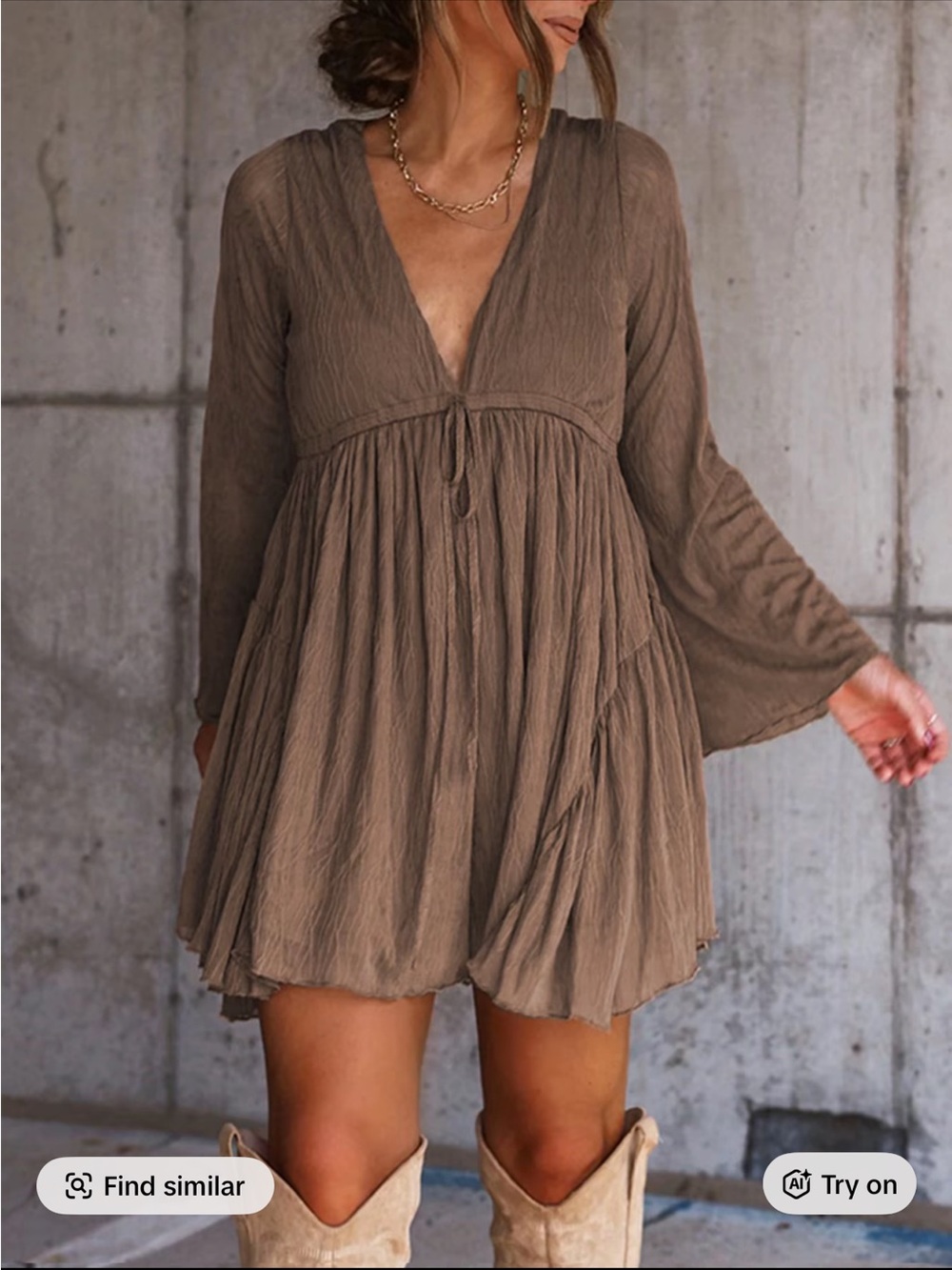 Boho V-Neck Long Sleeve Mini Dress in Taupe - Picture 3 of 4